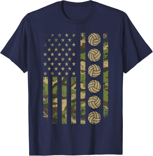 Patriotic Volleyball Player Camo American Flag Volleyball T-Shirt - T-Shirt | Navy
