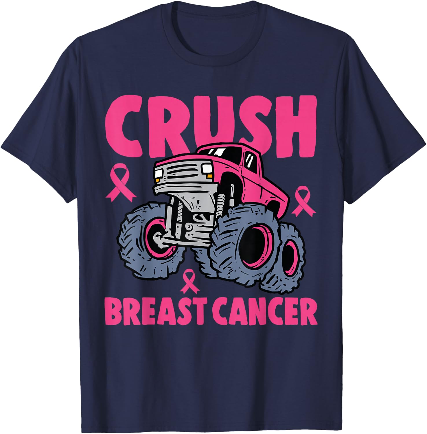 Crush Breast Cancer Awareness Monster Truck kids Boys Girls T-Shirt - T-Shirt | Navy