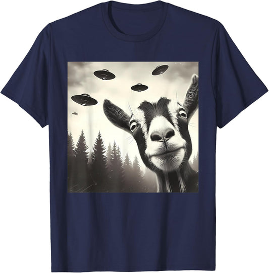 Funny Goat Selfie UFO Alien Humor Vintage Print Art Design T-Shirt - T-Shirt | Navy