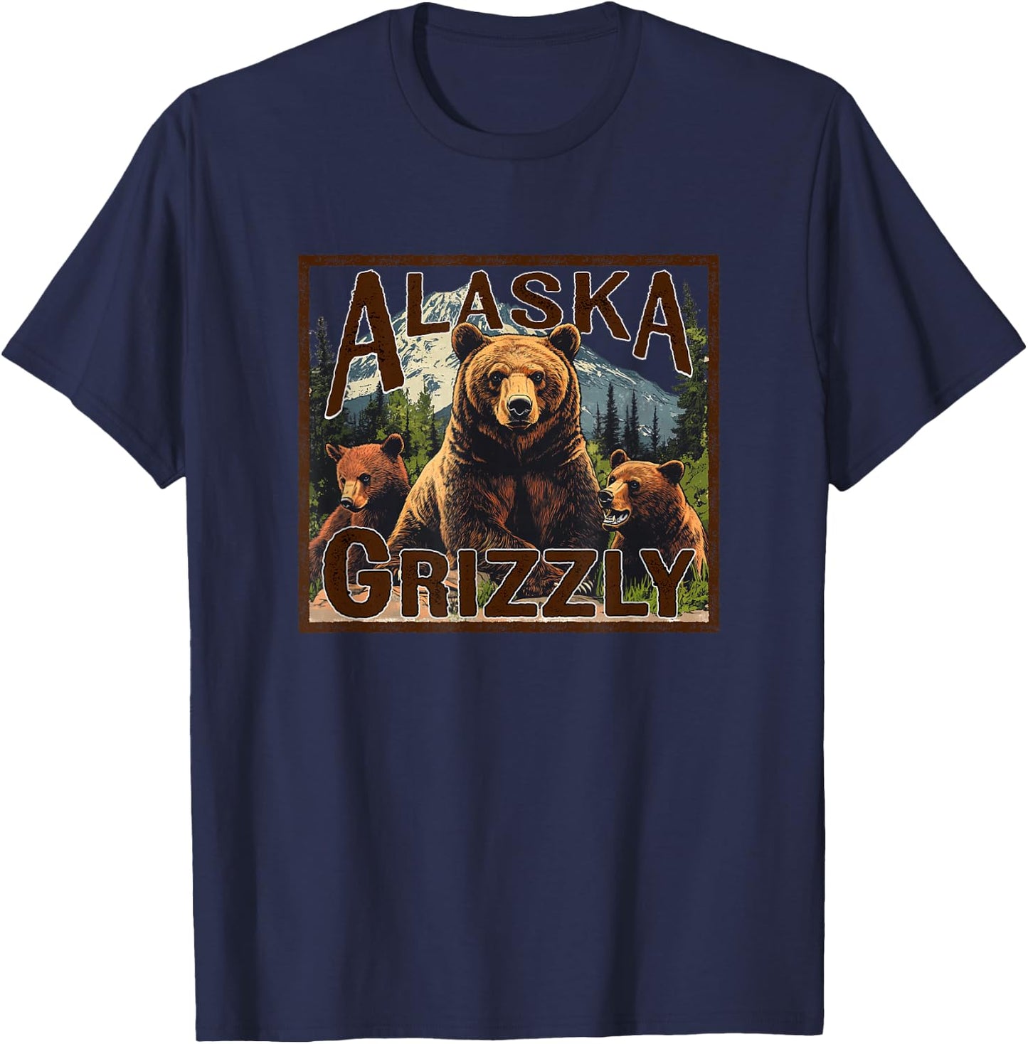 Alaska Grizzly Bear Vintage Mountain Trees Retro Souvenir T-Shirt - T-Shirt | Navy