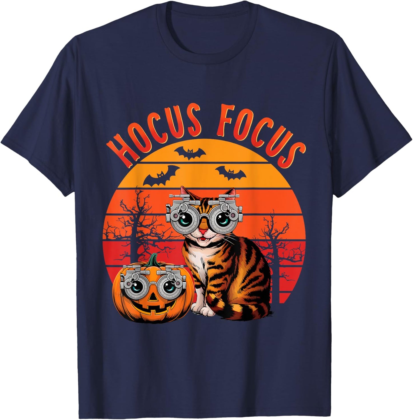 Hocus Focus Optometry Halloween Shirt Eye Doctor Cat Vintage T-Shirt - T-Shirt | Navy