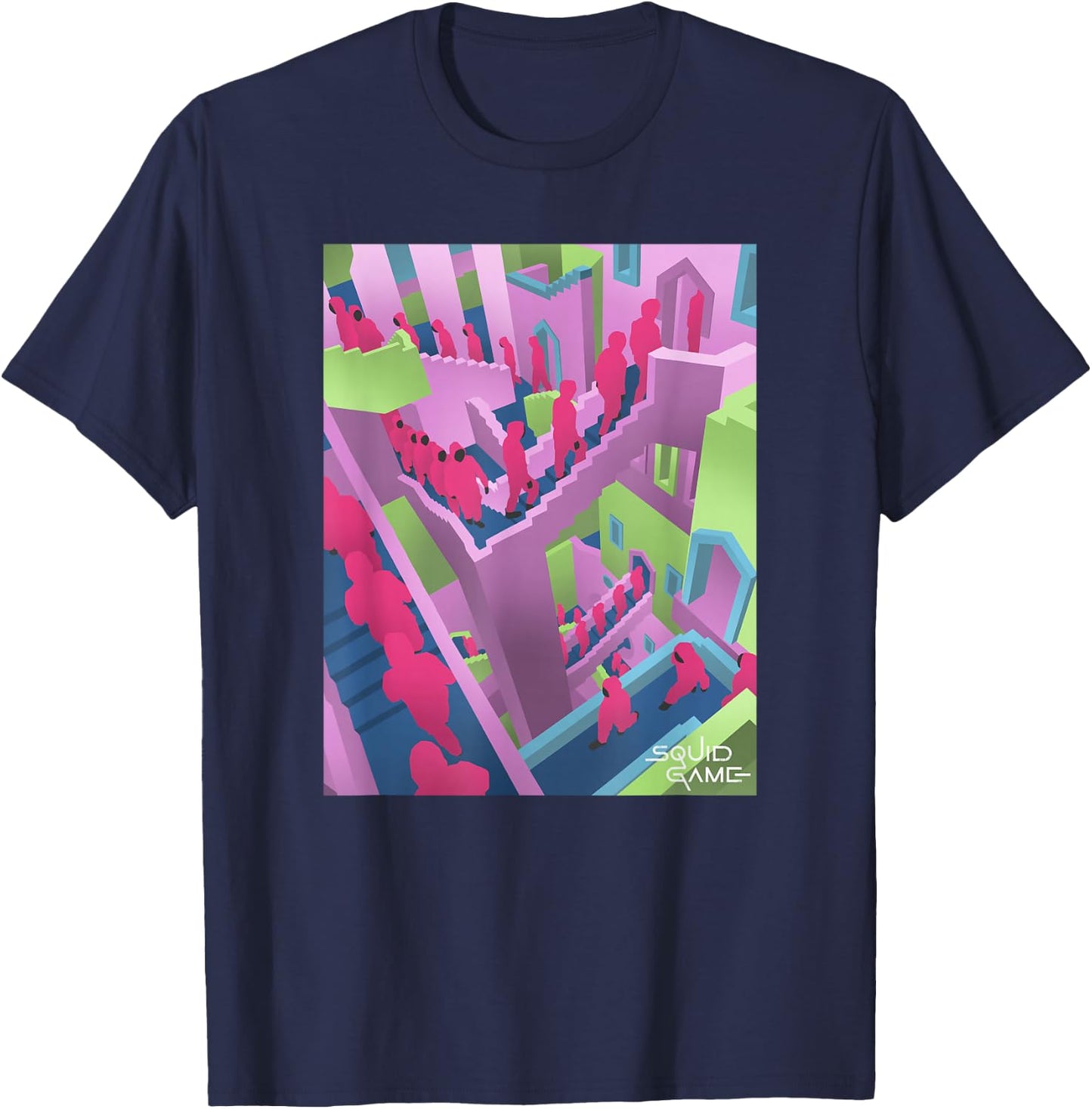 Squid Game Guards Stairs Neon Poster T-Shirt - T-Shirt | Navy