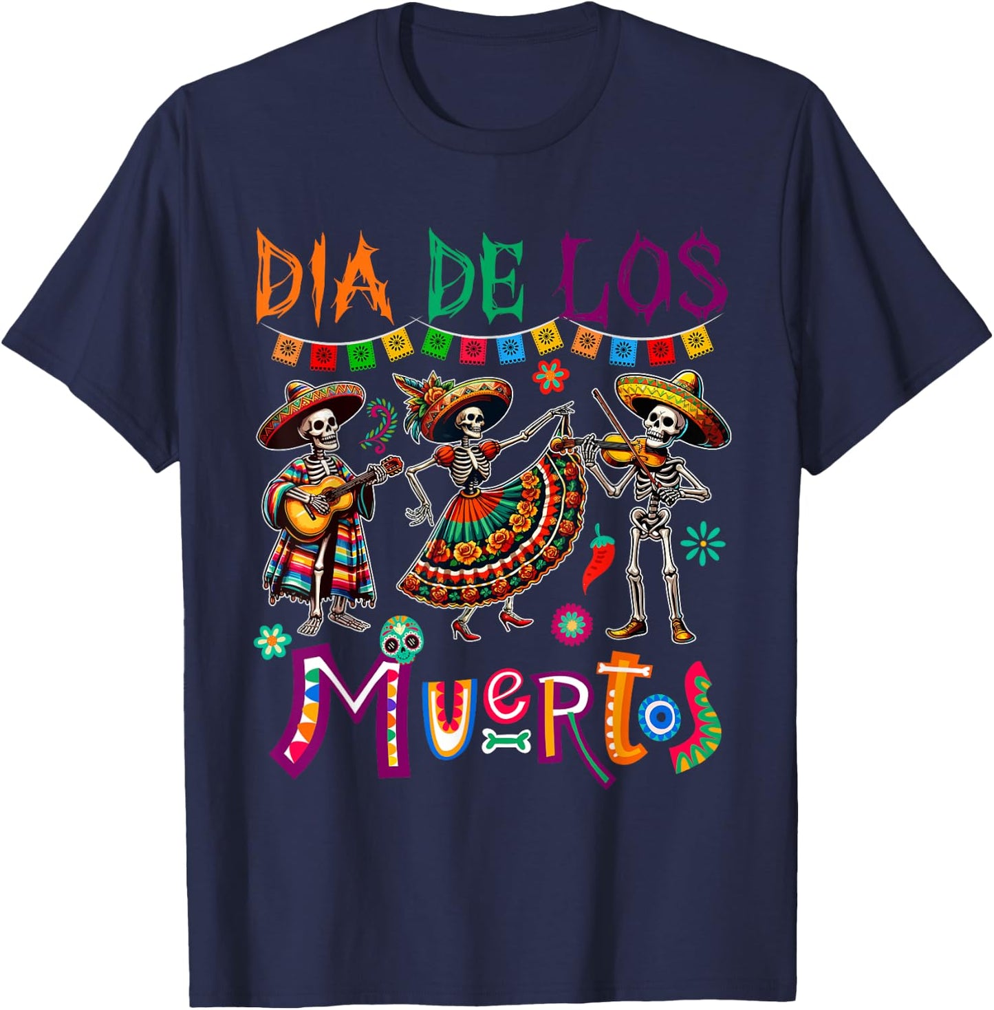 Dia De Los Muertos Three Floral Skeletons Mexican Dancing T-Shirt - T-Shirt | Navy