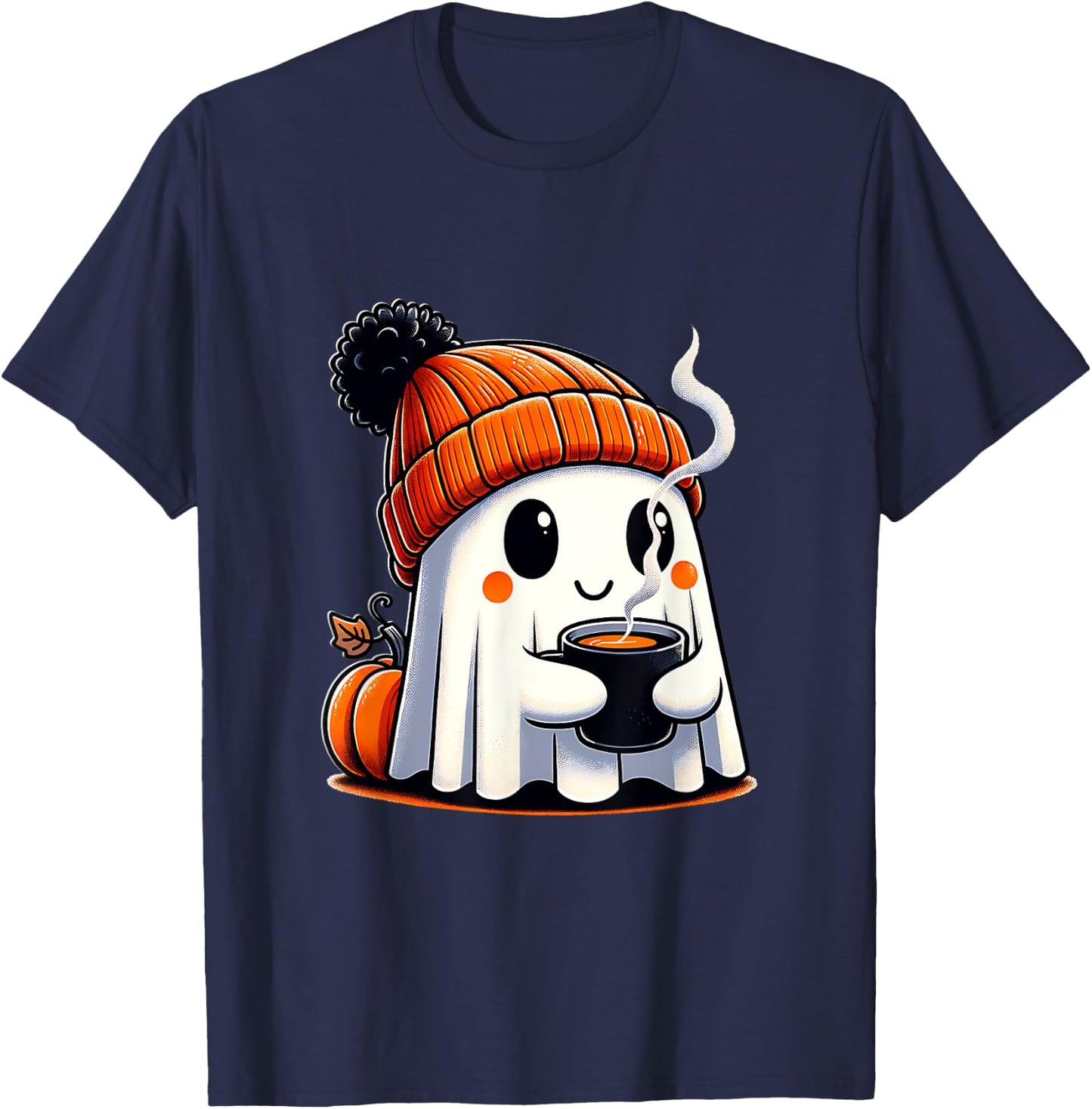 Halloween Cute Kawaii Ghost Drinking Coffee Women Men Kids T-Shirt - T-Shirt | Navy