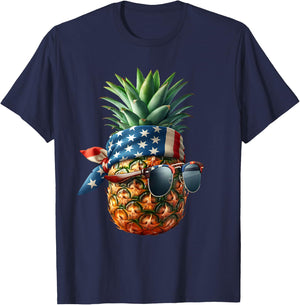 Pineapple with Bandana Sunglasses American Flag 4th of July Kids Men T-Shirt - T-Shirt | Navy