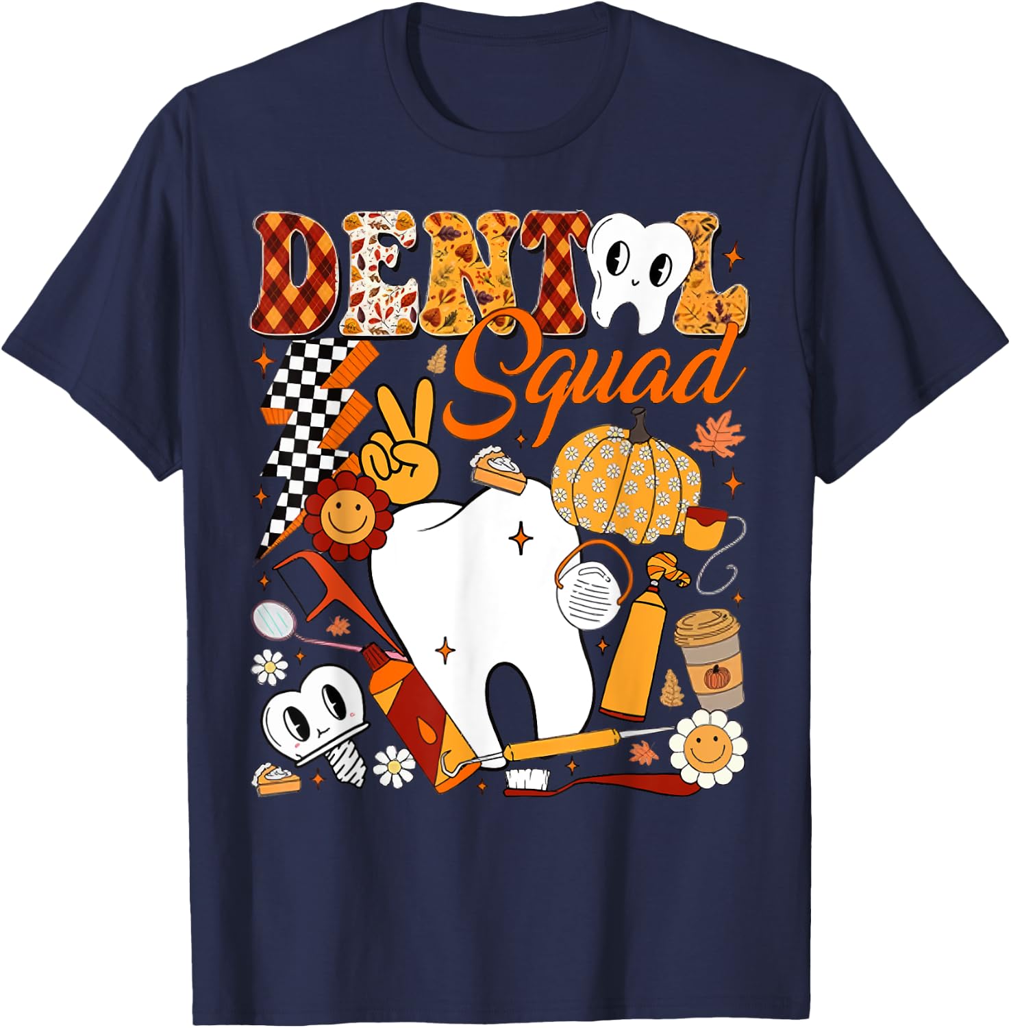 Dental Squad Fall Retro Tooth Dental Life Pumpkin Autumn T-Shirt - T-Shirt | Navy