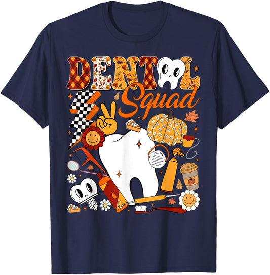 Dental Squad Fall Retro Tooth Dental Life Pumpkin Autumn T-Shirt - T-Shirt | Navy