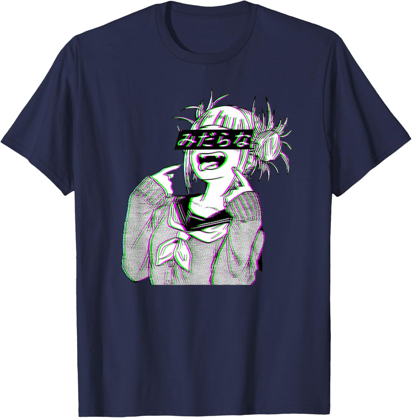 Waifu Anime Neko | Vaporwave | Glitch Manga Girl T-Shirt - T-Shirt | Navy