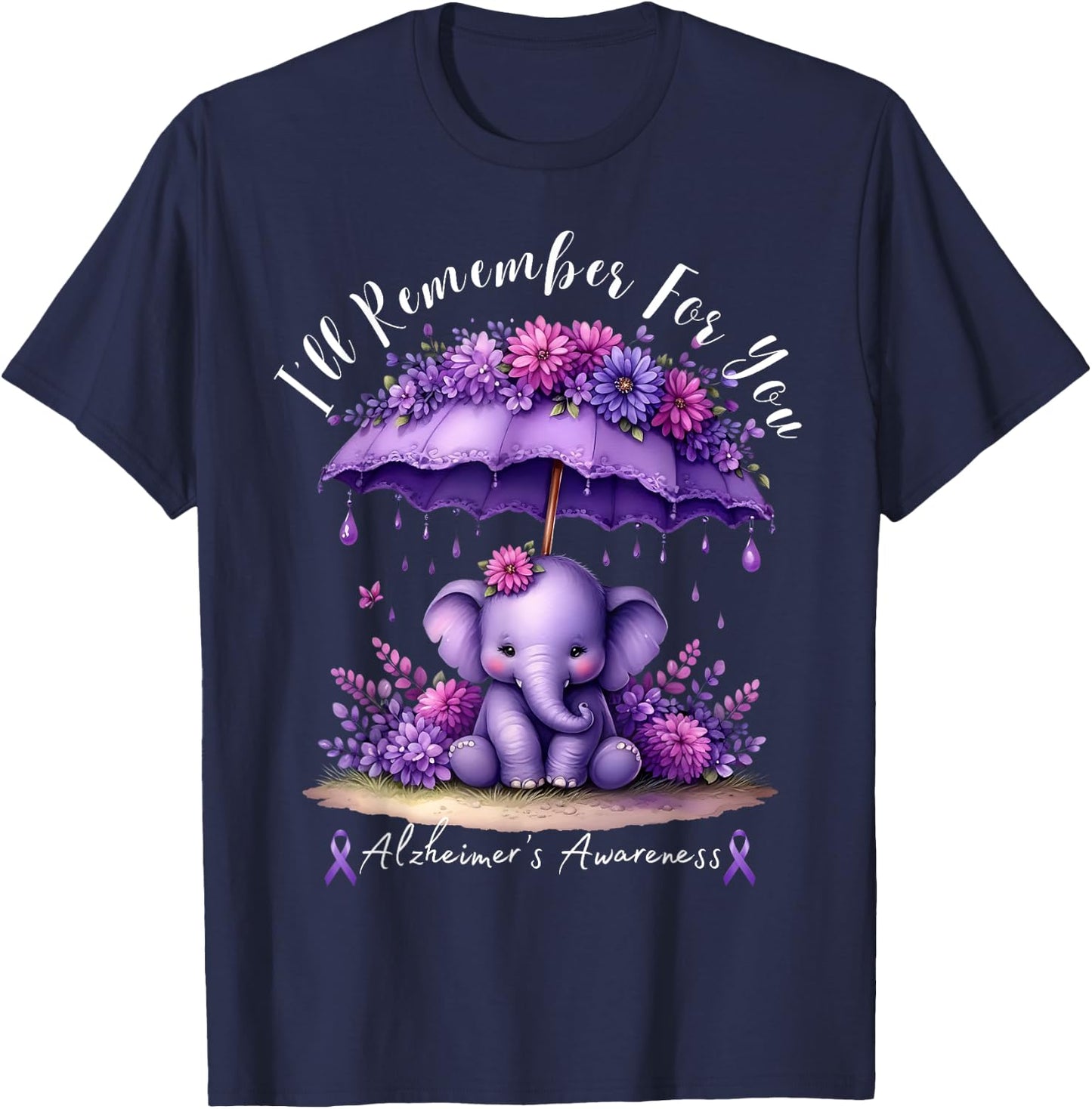 I'll Remember For You Purple Elephant Alzheimer's Awareness T-Shirt - T-Shirt | Navy