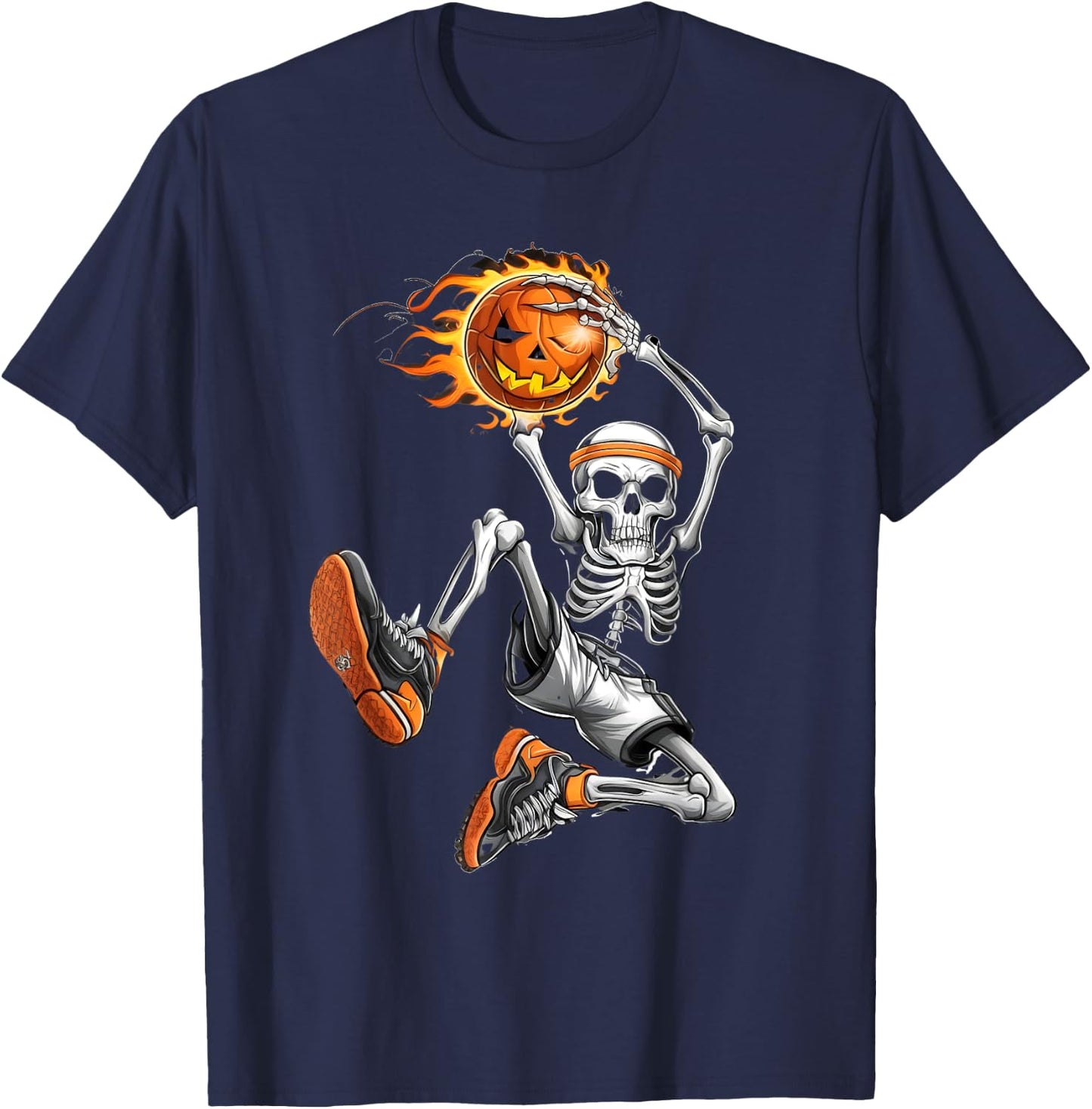 Vintage Skeleton Basketball Player with pumpking basketball T-Shirt - T-Shirt | Navy
