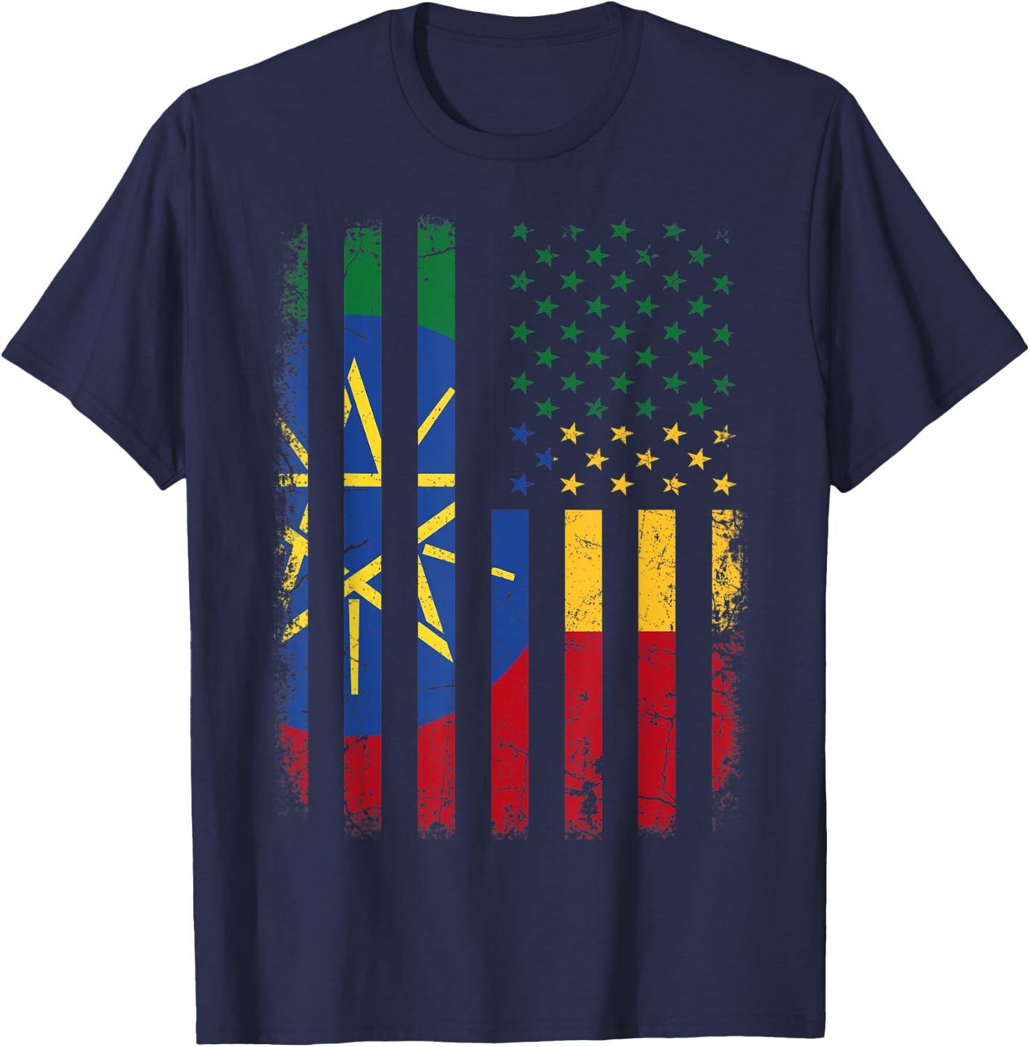 Ethiopian American Flag Ethiopian Roots Ethiopia America Women Kids Men T-Shirt - T-Shirt | Navy