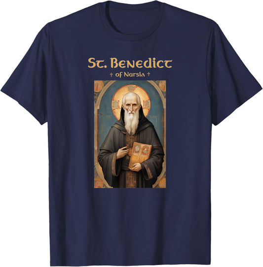 Saint Benedict Roman Catholic Icon T-Shirt - T-Shirt | Navy