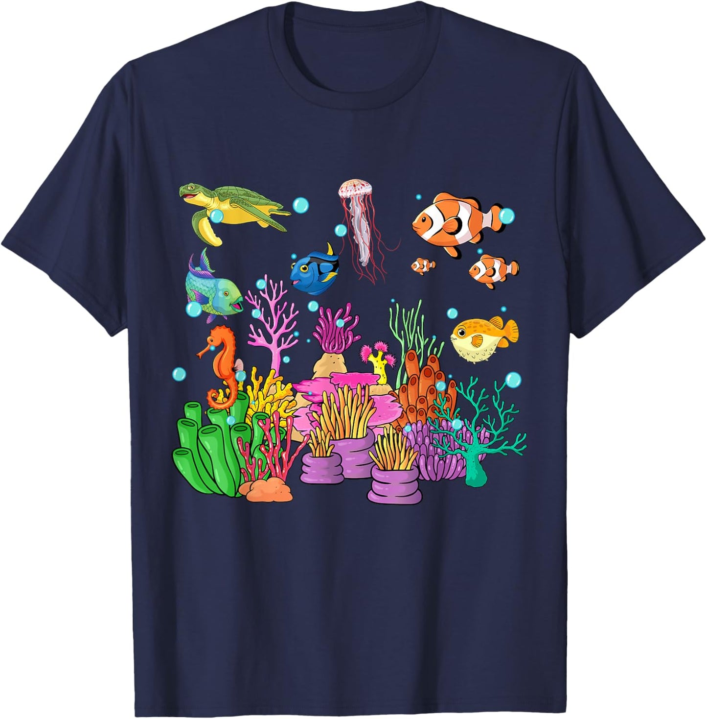 Coral reef with colorful tropical Fish, Marine Life T-Shirt - T-Shirt | Navy