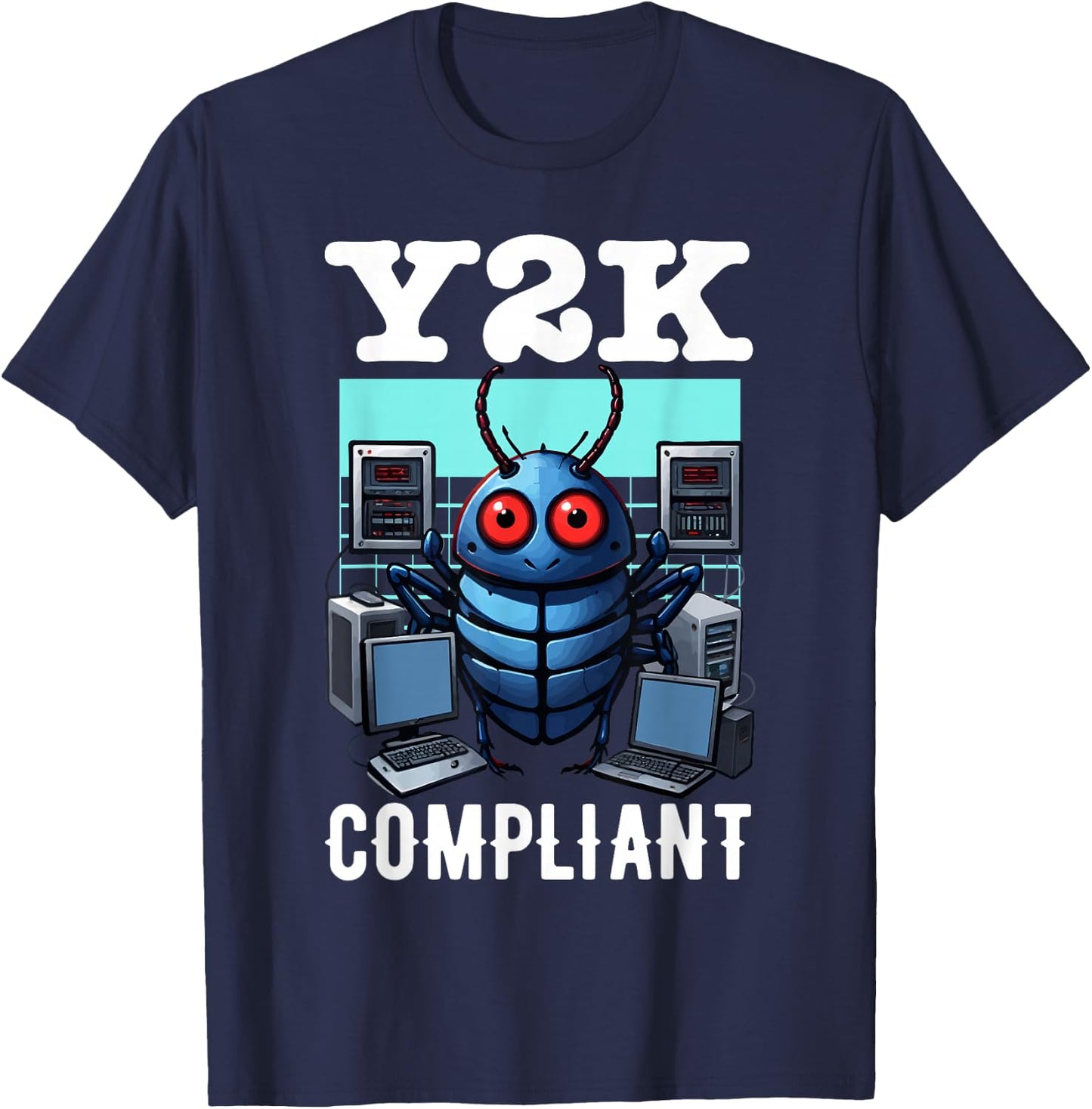 Y2K Compliant Retro Tech Bug T-Shirt - T-Shirt | Navy