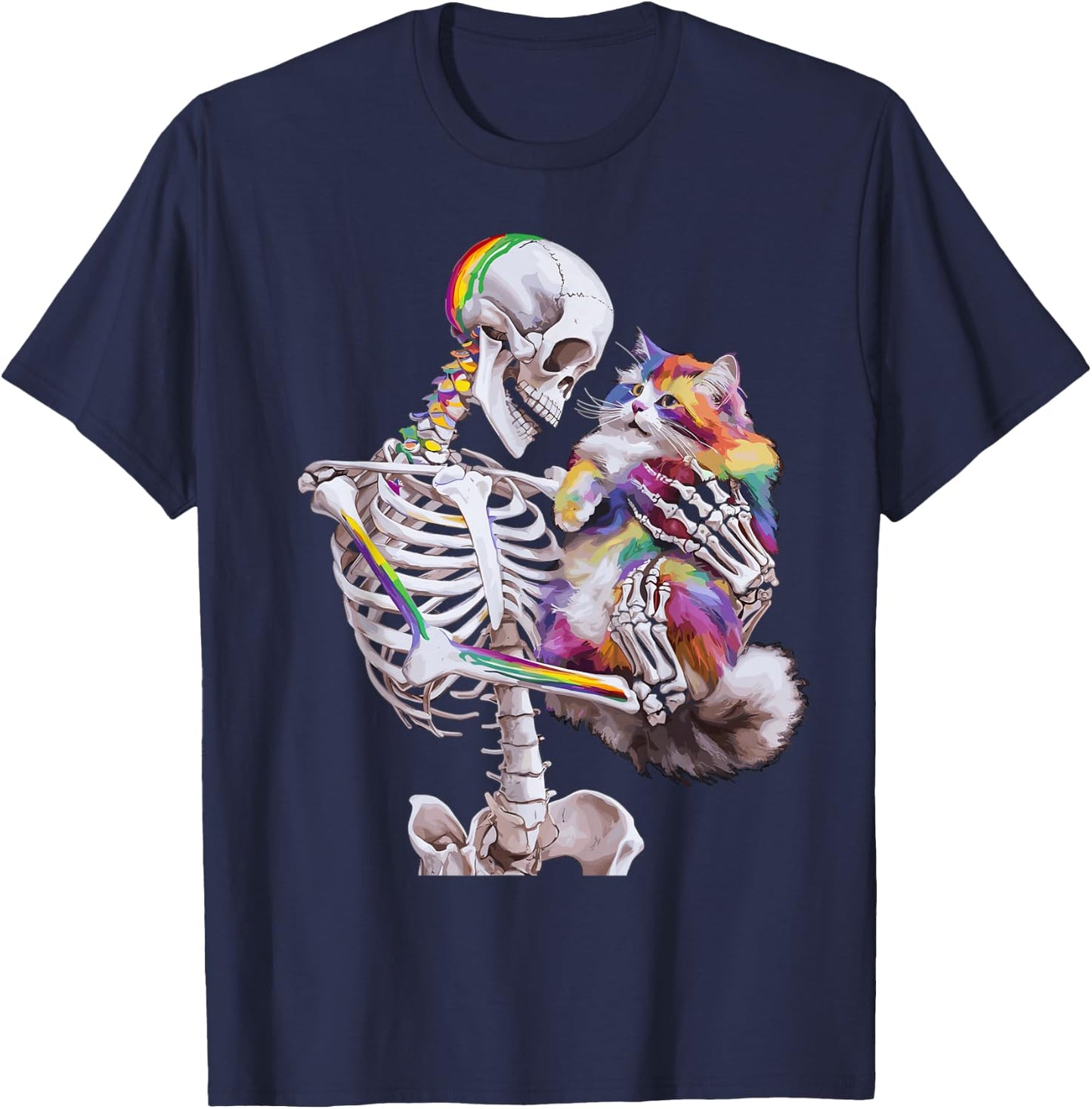 Colorful Paint Splash Cat And Skeleton Art Graphic T-Shirt - T-Shirt | Navy