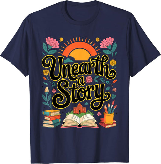 Unearth A Story Summer Reading 2026 Men Women Kid Boho Style T-Shirt - T-Shirt | Navy