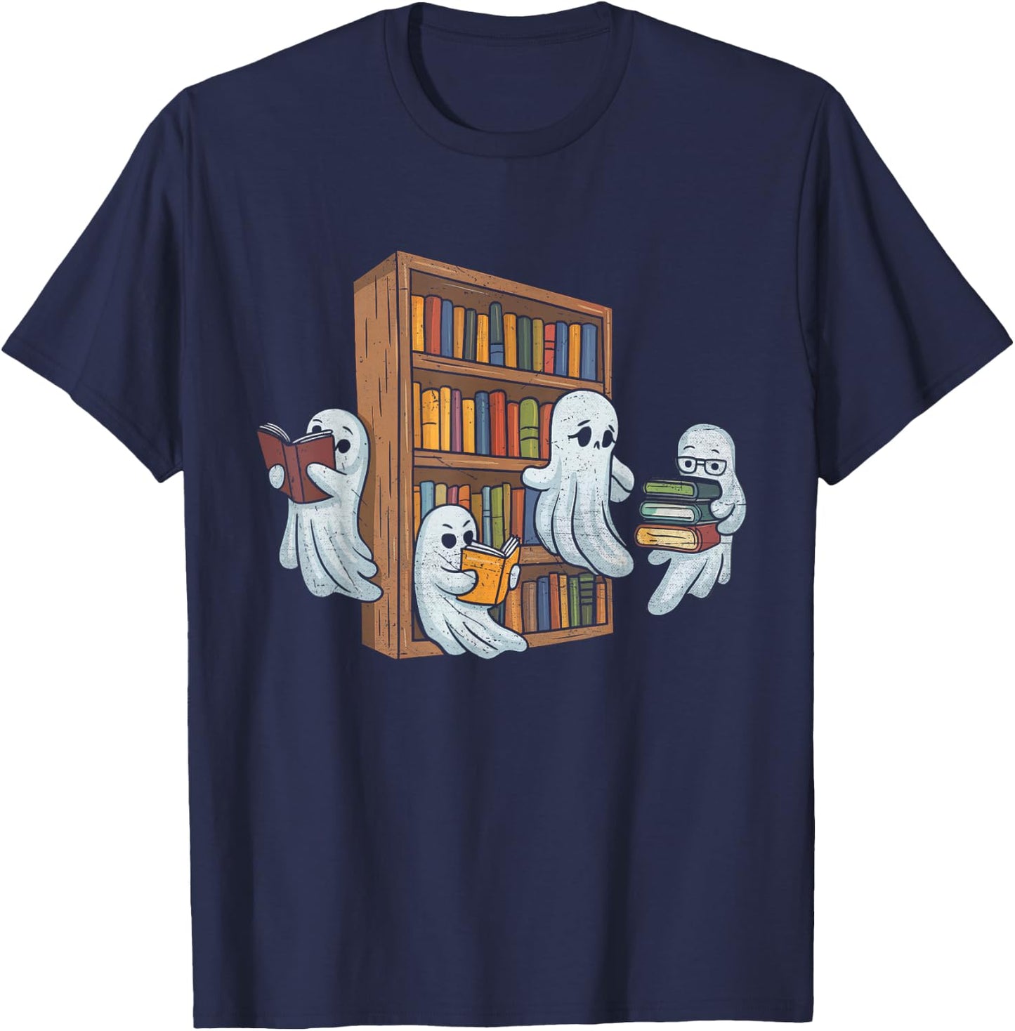Ghosts Reading Books Teacher Halloween Librarian Book Lover T-Shirt - T-Shirt | Navy