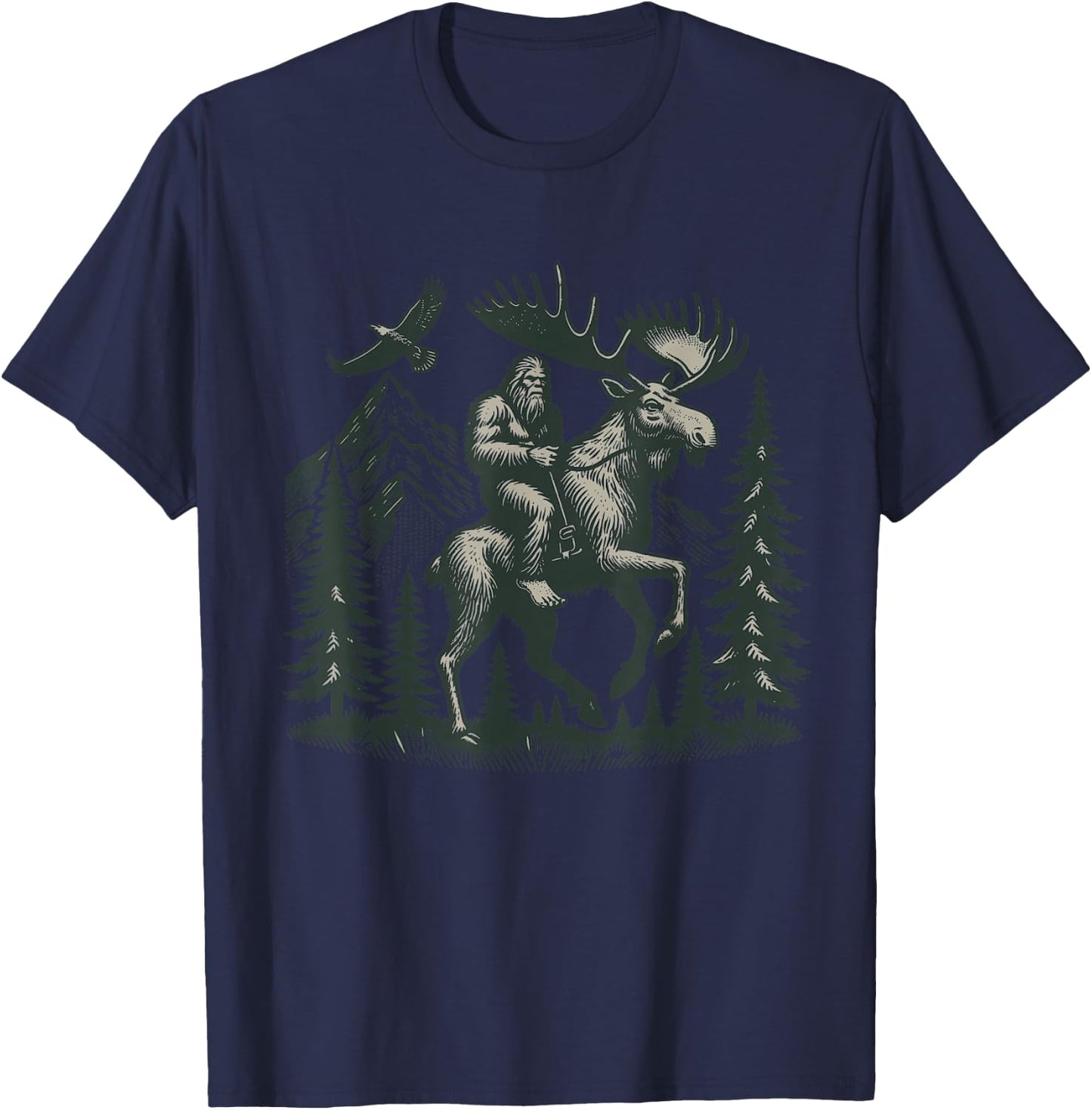 Explore Outdoors Sasquatch Creature Riding a Majestic Moose Bigfoot Adventure - -Adult, Grey, Small, Short Sleeve T-Shirt - T-Shirt | Navy