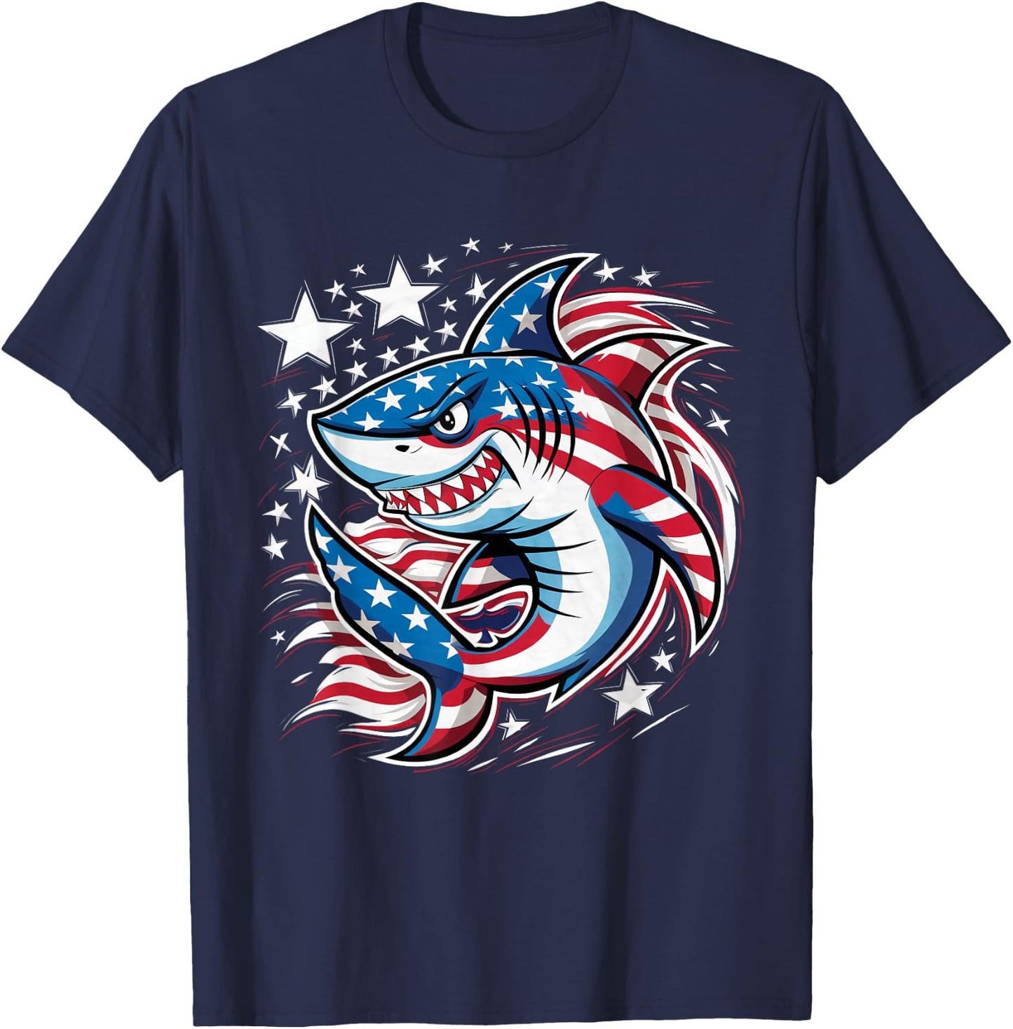 Shark American Flag USA 4th of July Funny Boys Girls Kids T-Shirt - T-Shirt | Navy