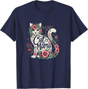 Cat Mama Cute Flower Cat Mother's Day Floral Cat Mom T-Shirt - T-Shirt | Navy