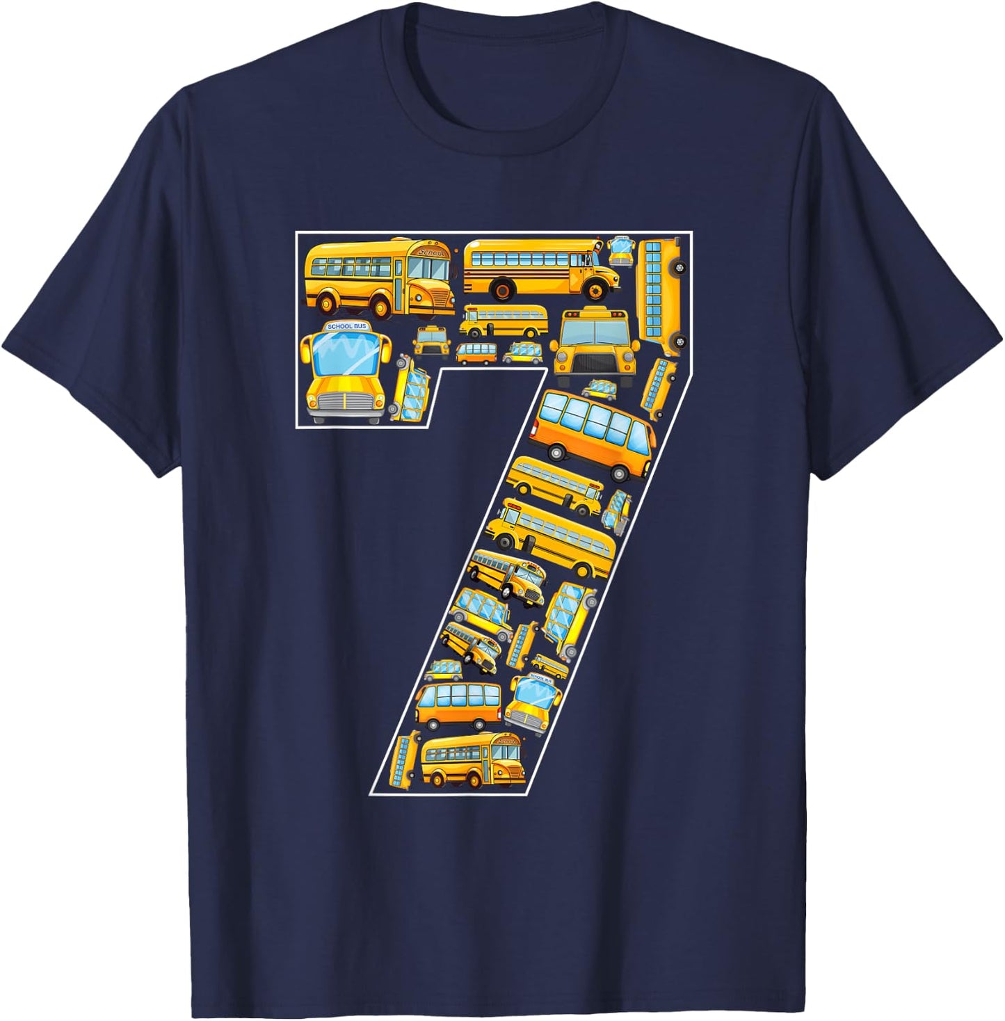 7th Birthday School Bus Theme 7 Years Old Kids Birthday T-Shirt - T-Shirt | Navy