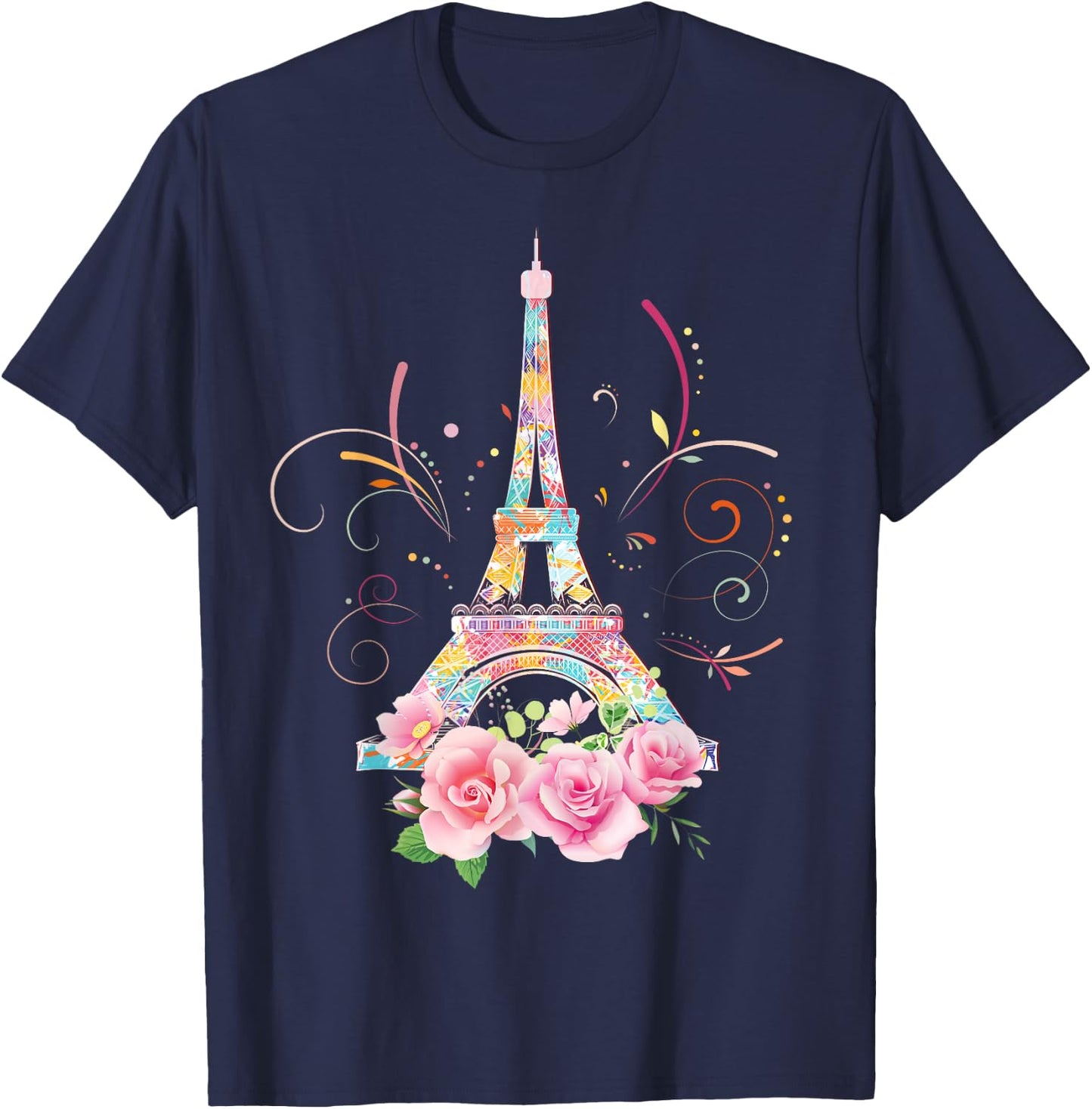 Colorful Eiffel Tower of Paris in France Parisian Rose T-Shirt - T-Shirt | Navy