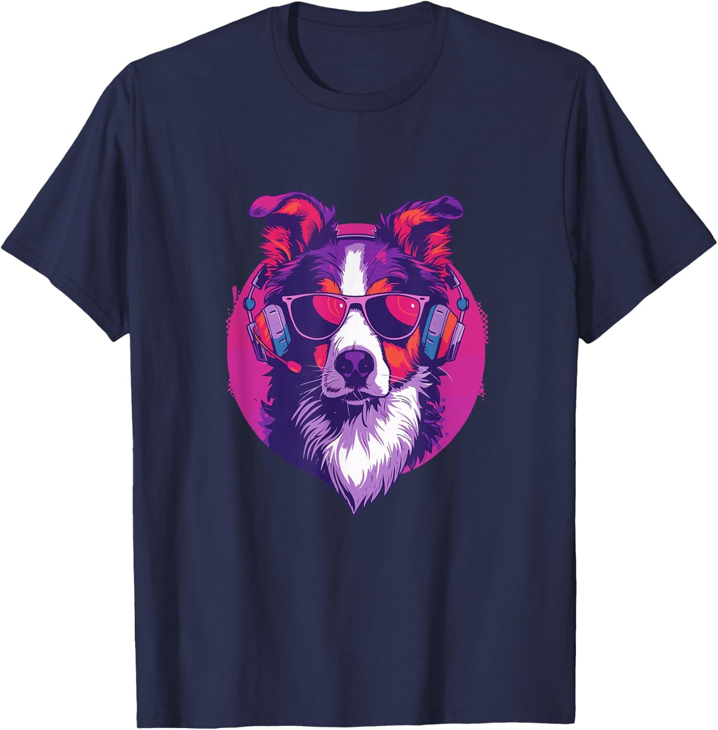 90s Retro Vaporwave Style Cool & Cute Border Collie Dog Art Men Women Kids T-Shirt - T-Shirt | Navy