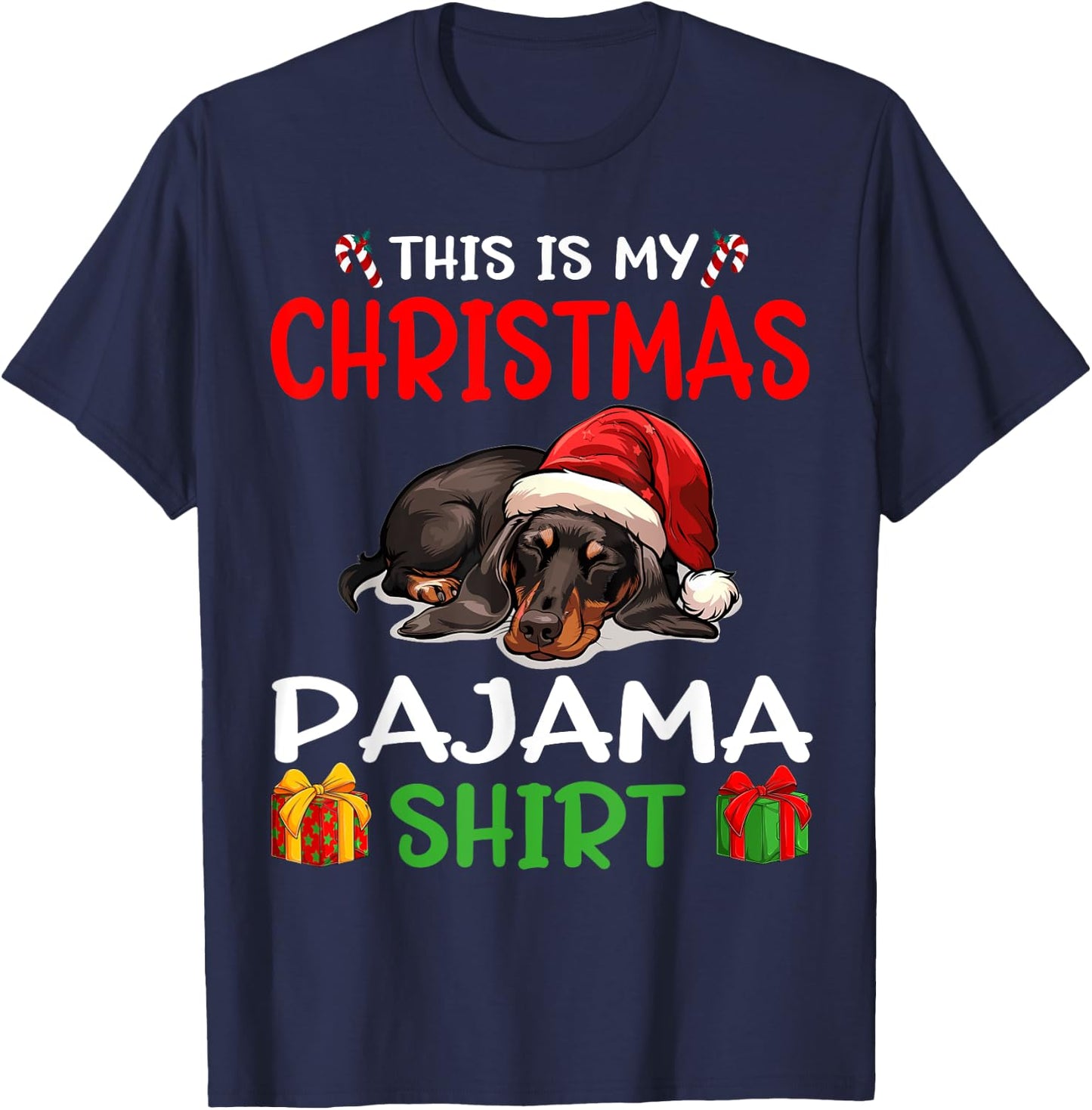 Cute Dachshund Wiener Doxie Dog This is my Christmas Pajama Men Women Kids T-Shirt - T-Shirt | Navy