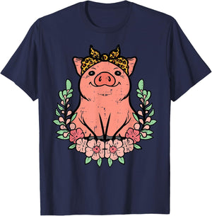 Pig Leopard Bandana Hog Farm Animal Mom Women Girls Kids T-Shirt - T-Shirt | Navy