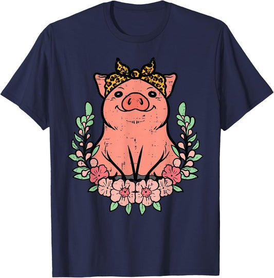 Pig Leopard Bandana Hog Farm Animal Mom Women Girls Kids T-Shirt - T-Shirt | Navy