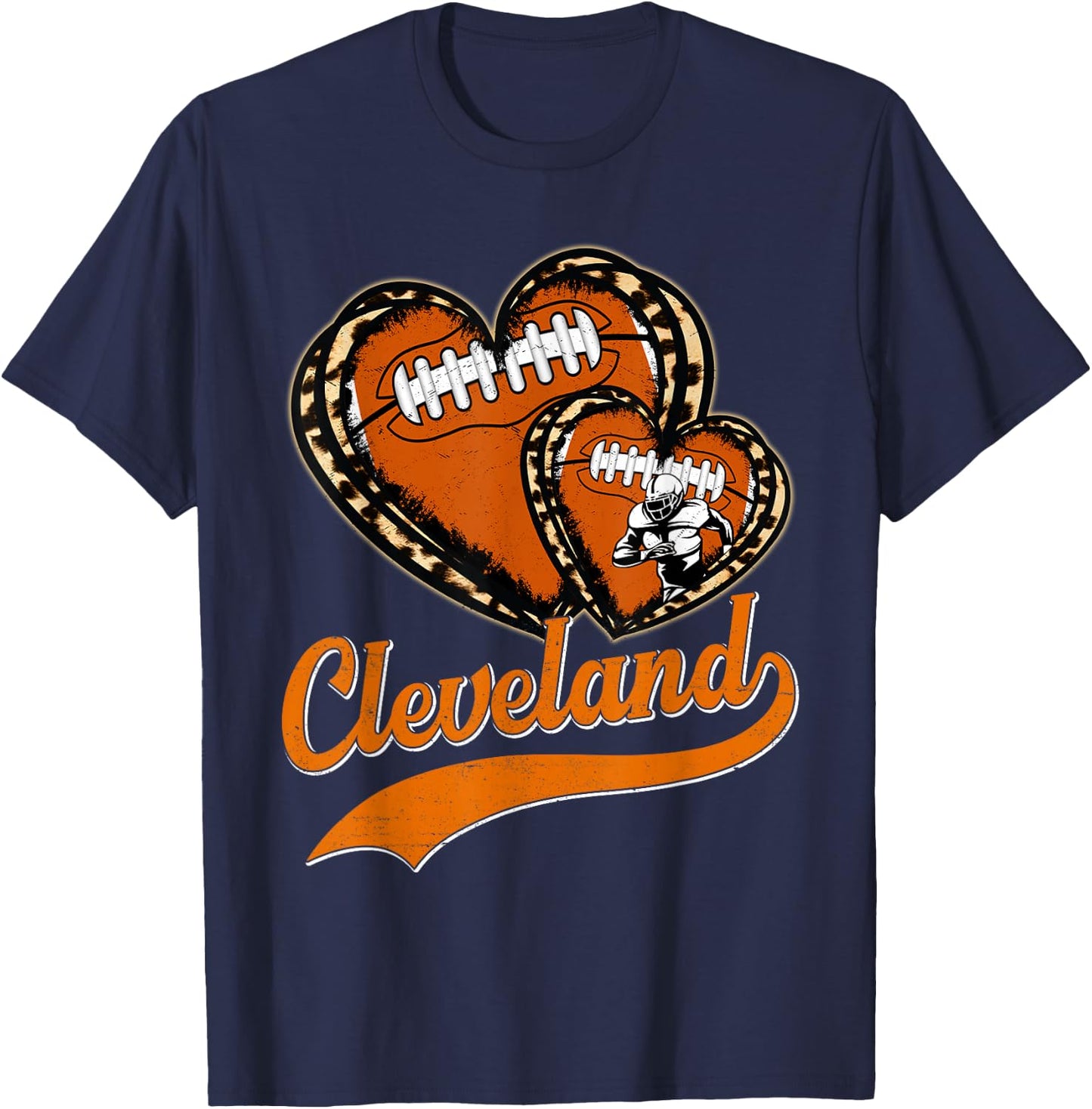 Vintage Leopard Heart Cleveland Football Player Sport Fans T-Shirt - T-Shirt | Navy