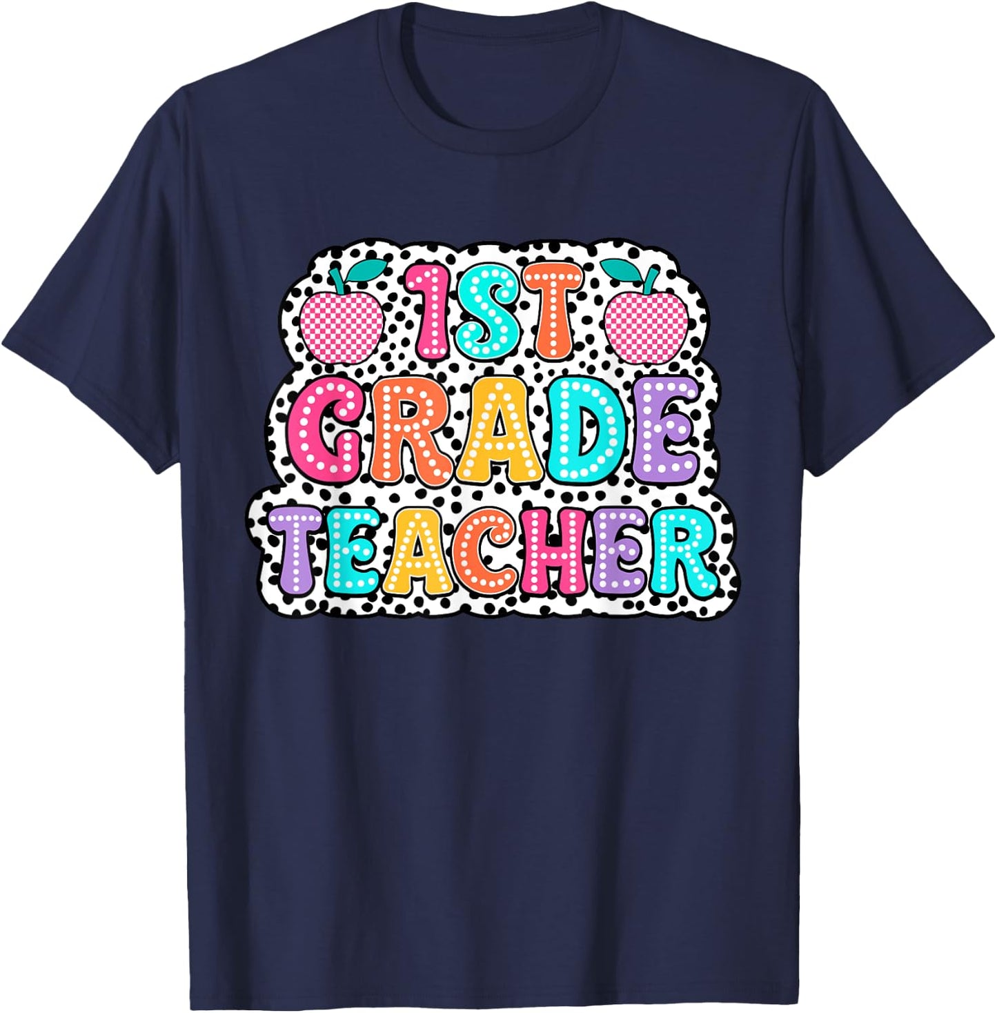 First Day of First Grade Back To School Groovy Dalmatian Dot T-Shirt - T-Shirt | Navy