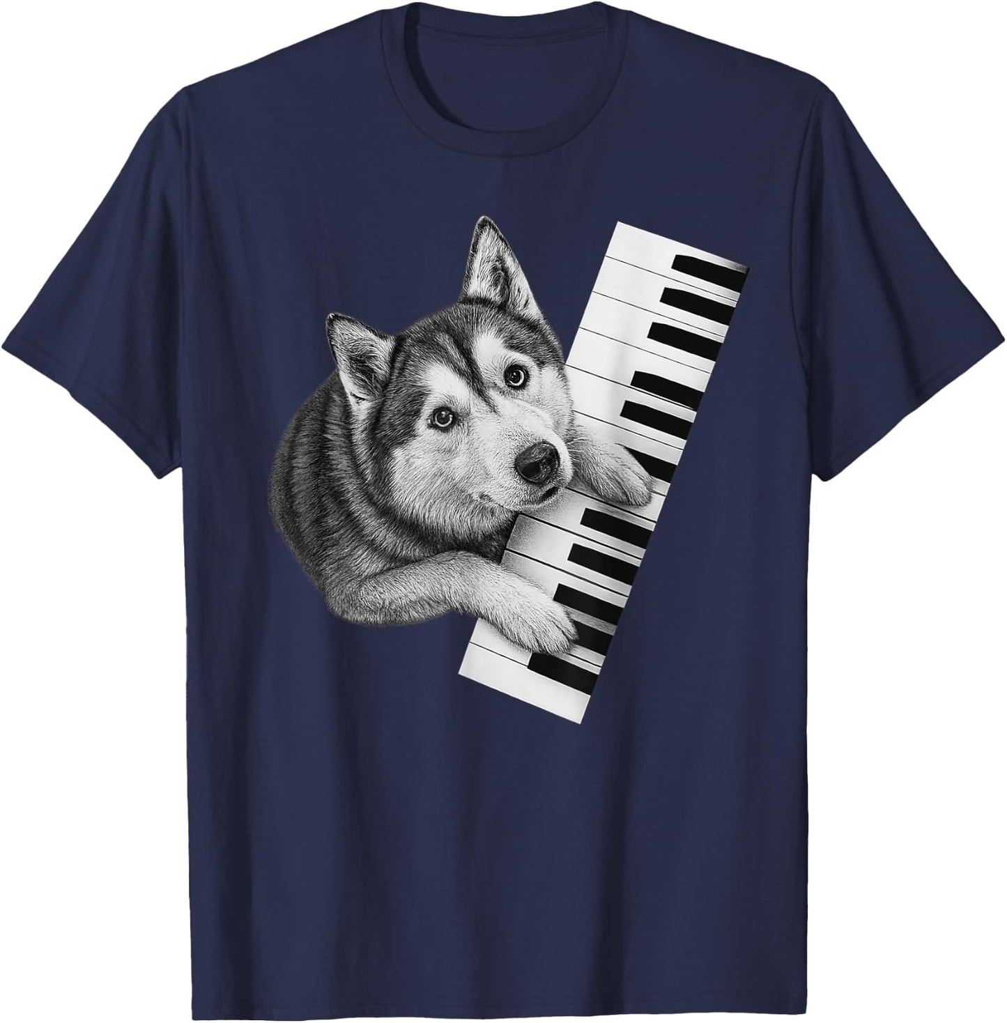 Husky Playing Piano Pianist Dog Lover T-Shirt - T-Shirt | Navy