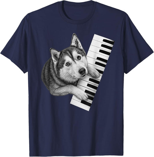 Husky Playing Piano Pianist Dog Lover T-Shirt - T-Shirt | Navy