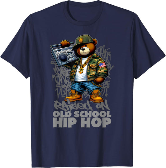 RAISED ON OLD SCHOOL HIP HOP Teddy Bear 80s 90s Hip Hop T-Shirt - T-Shirt | Navy