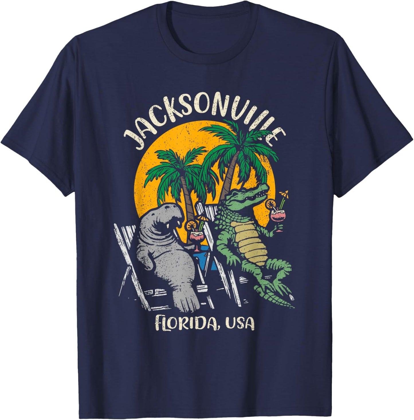 Jacksonville Florida USA Funny Manatee and Alligator Design T-Shirt - T-Shirt | Navy