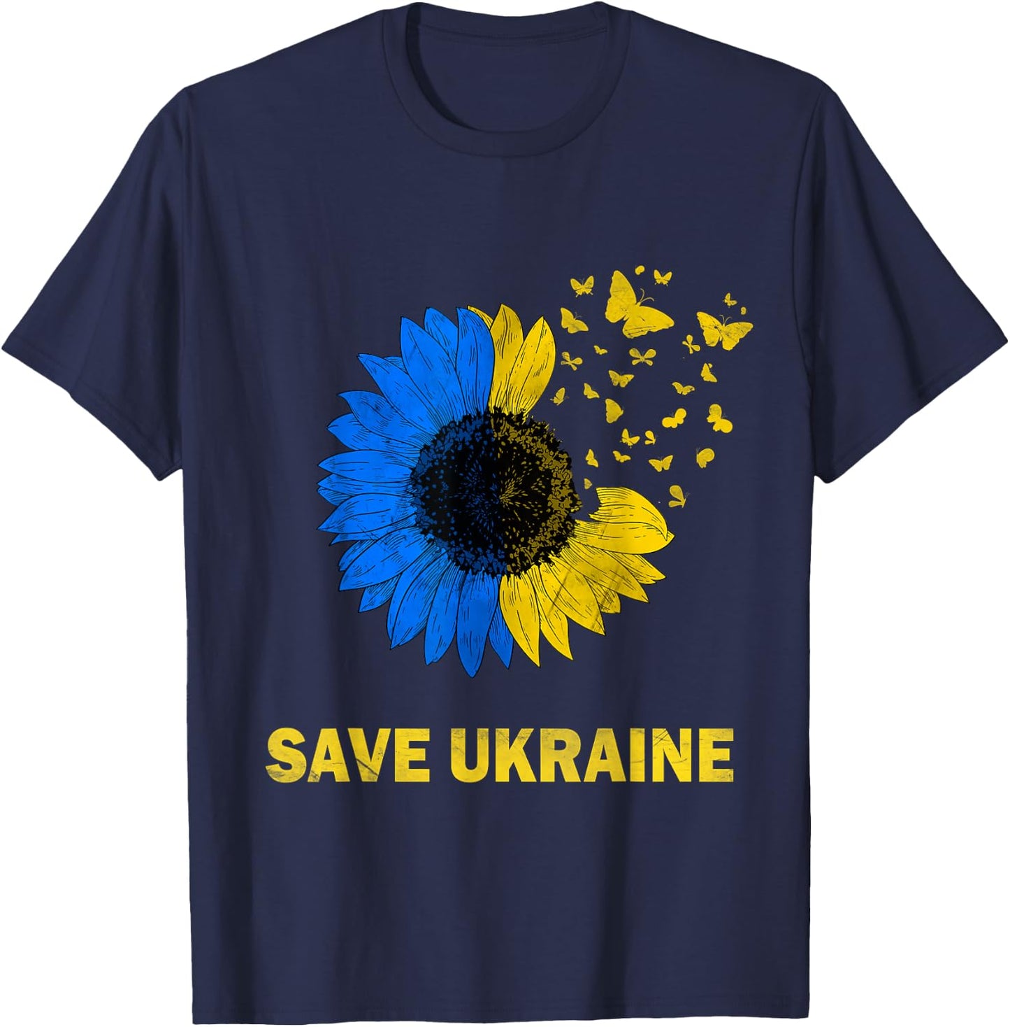 Save Ukraine Sunflower Butterflies I Stand With Ukraine Flag T-Shirt - T-Shirt | Navy