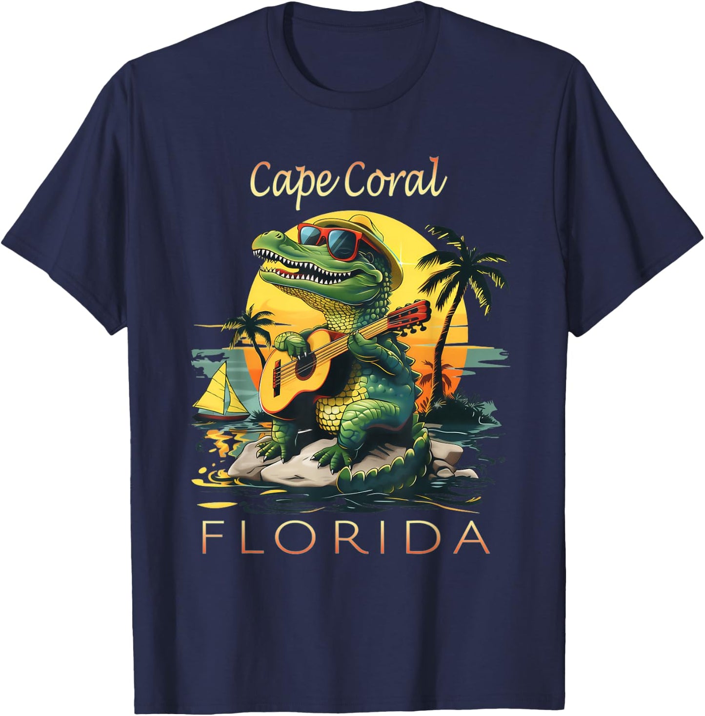 Cape Coral Florida Vacation Cute Alligator Sunset Souvenir T-Shirt - T-Shirt | Navy