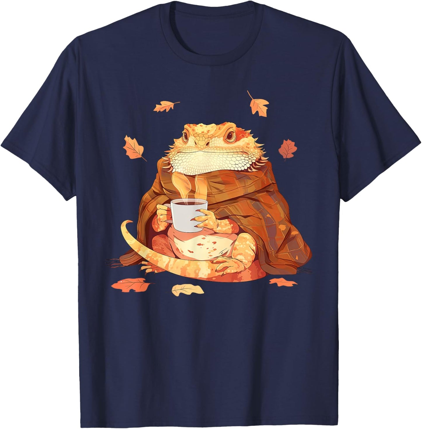 Cute Bearded Dragon In Blanket Drink Coffee Pumpkin Fall T-Shirt - T-Shirt | Navy