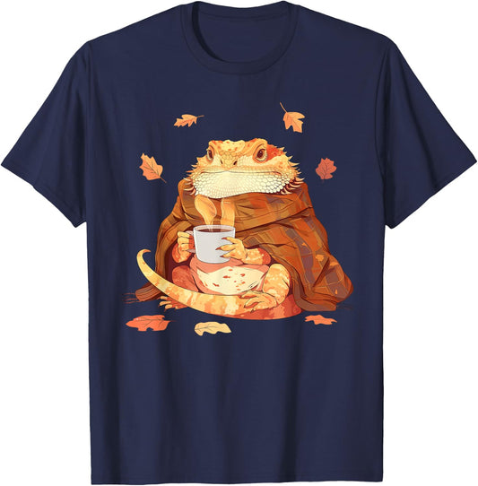 Cute Bearded Dragon In Blanket Drink Coffee Pumpkin Fall T-Shirt - T-Shirt | Navy