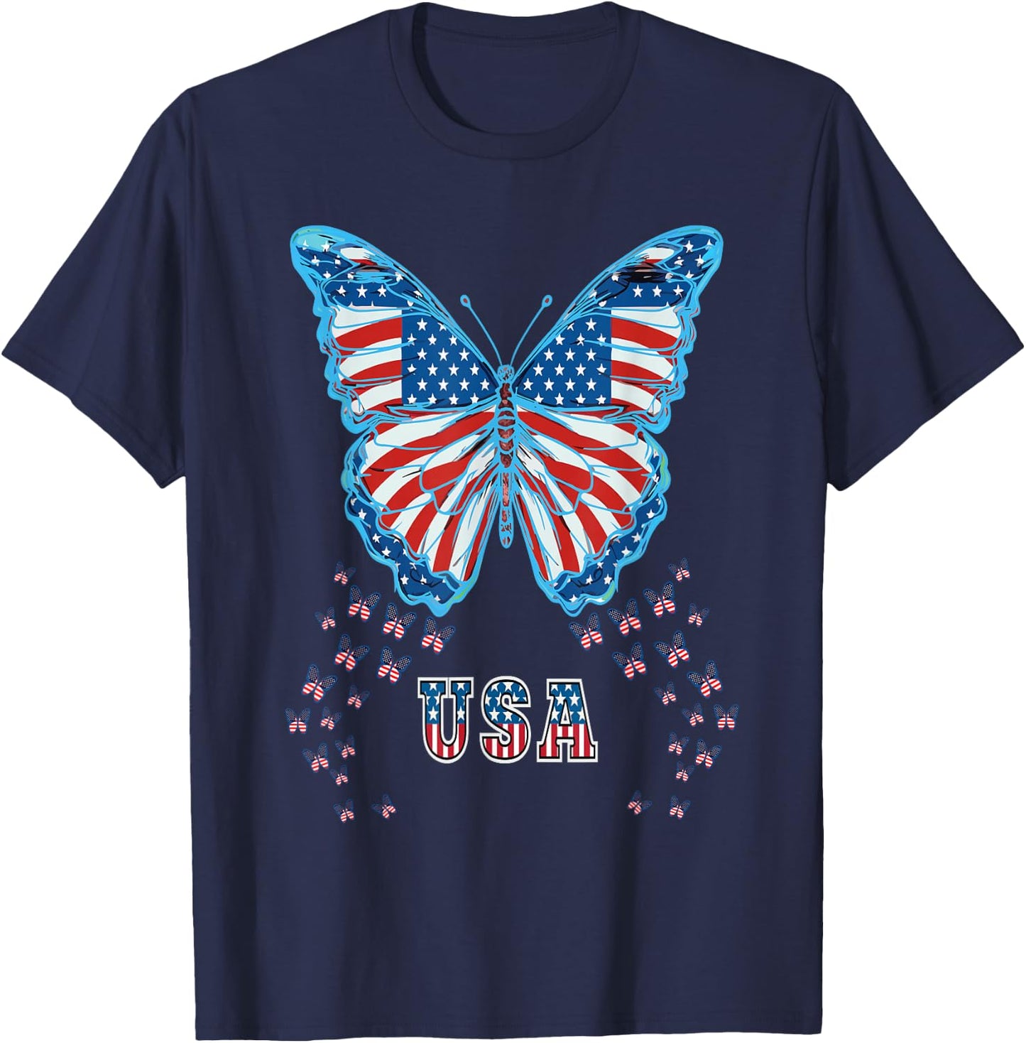 Butterfly USA Flag Cute 4th Of July Funny American Girl Gift T-Shirt - T-Shirt | Navy