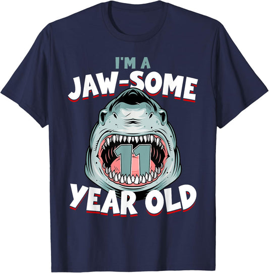 11 Year Old Birthday Boy Shark Jaw-Some 11th B-Day Age T-Shirt - T-Shirt | Navy