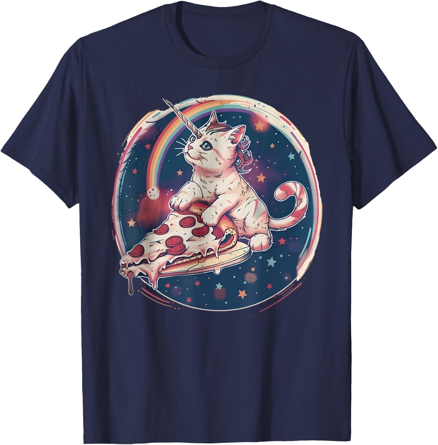 Funny Uni-Cat Flying A Pizza Unicorn Kitten Space Cats Lover Men Women Kids T-Shirt - T-Shirt | Navy