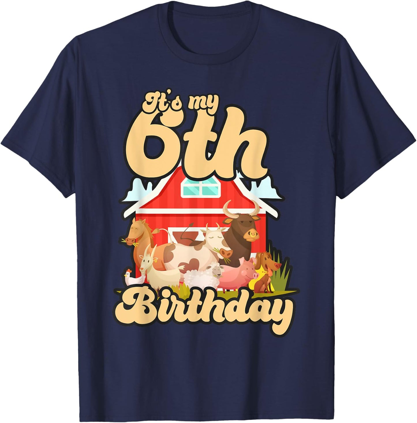 6th Birthday Shirt Farm Animals Cow Horse Pig 6 Years Old T-Shirt - T-Shirt | Navy