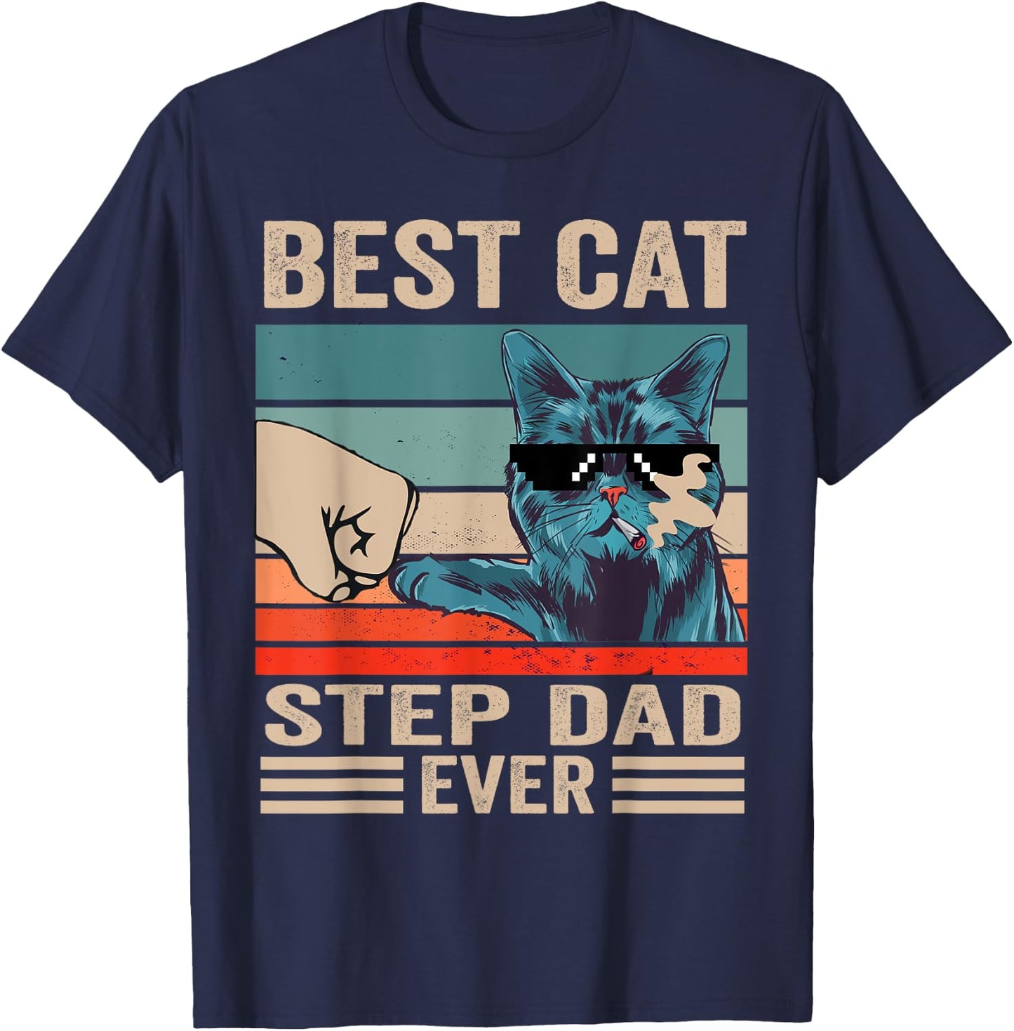 Vintage Best Cat step dad Ever bump fist father's day Gifts T-Shirt - T-Shirt | Navy