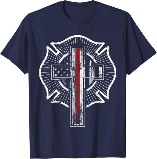 Firefighter Shirt Christian Thin Red Line Maltese Cross T-Shirt - T-Shirt | Navy