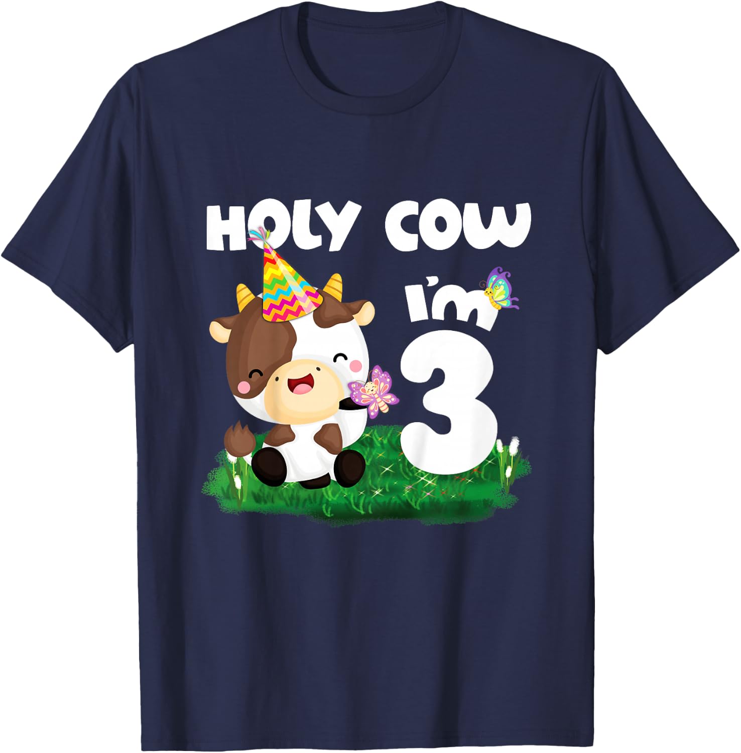 Holy Cow I'm 3 Birthday Girl Boy Moo Three 3rd Birthday T-Shirt - T-Shirt | Navy