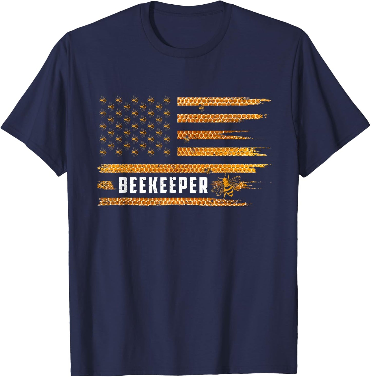 Beekeeping American Flag Honeycomb Honey Bees Beekeeper T-Shirt - T-Shirt | Navy
