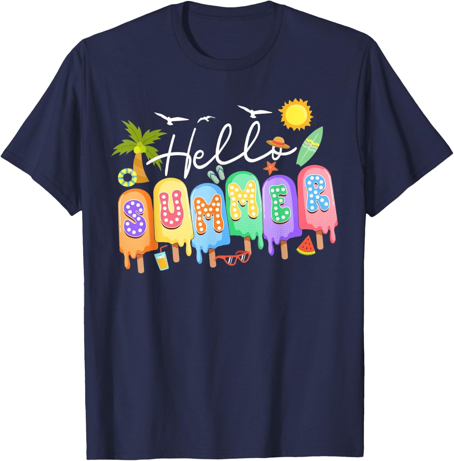 Hello Summer Vacation Ice Cream Popsicle Ice Lolly Summer Men Women Kids T-Shirt - T-Shirt | Navy