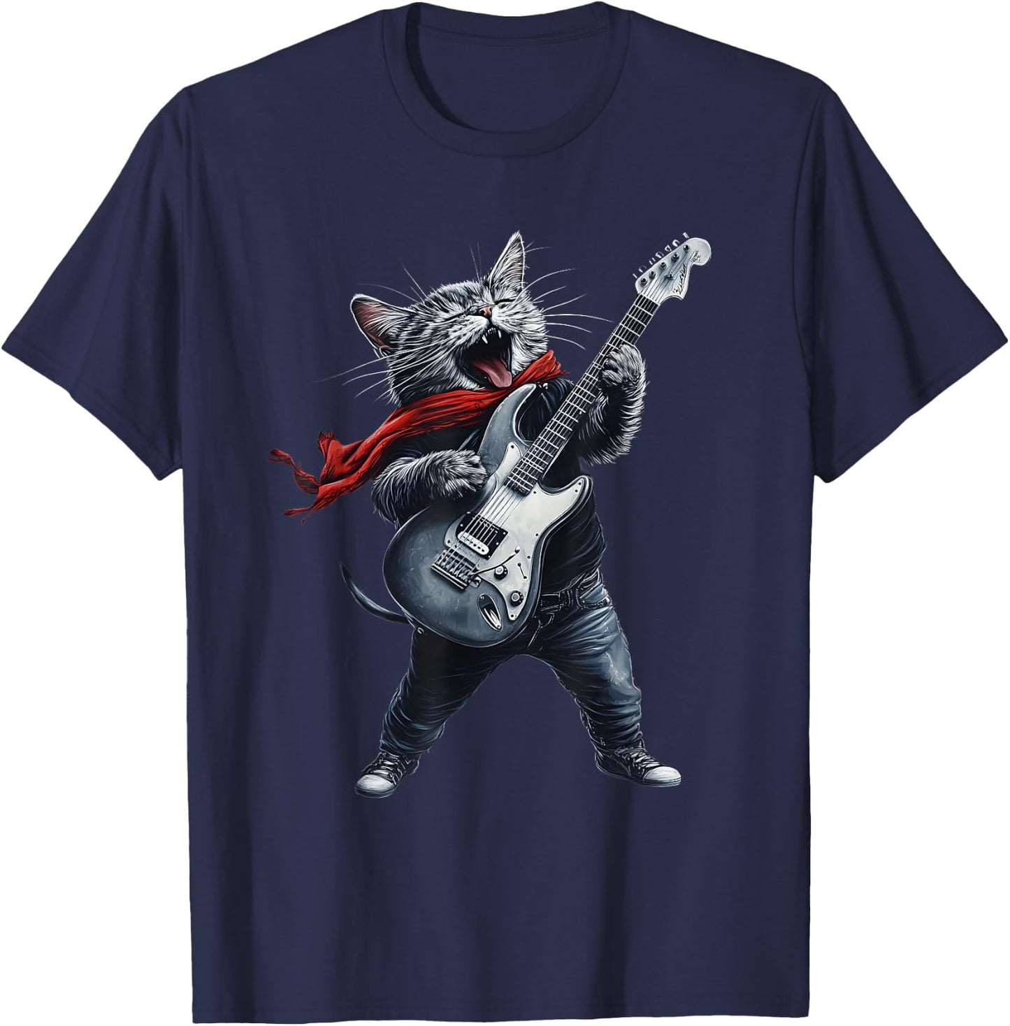 Rock Cat Owner With Electric Guitar Cats Music Lover T-Shirt - T-Shirt | Navy